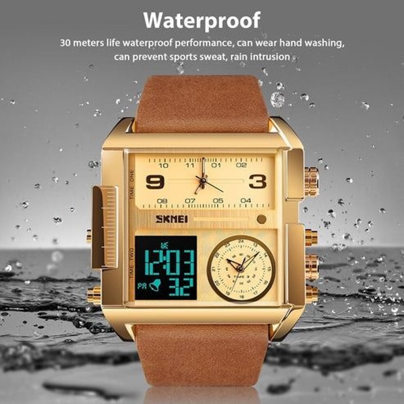 Men Watch Large Face Digital Quartz Sport Stopwatch Leather Wristwatch Waterproof Comfortable Desi 8