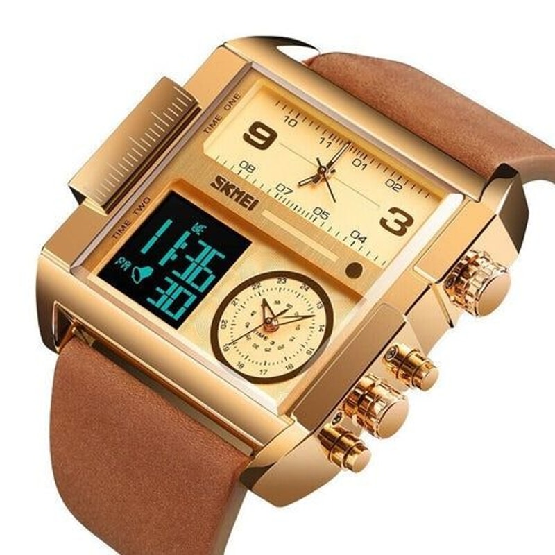 Men Watch Large Face Digital Quartz Sport Stopwatch Leather Wristwatch Waterproof Comfortable Desi 2