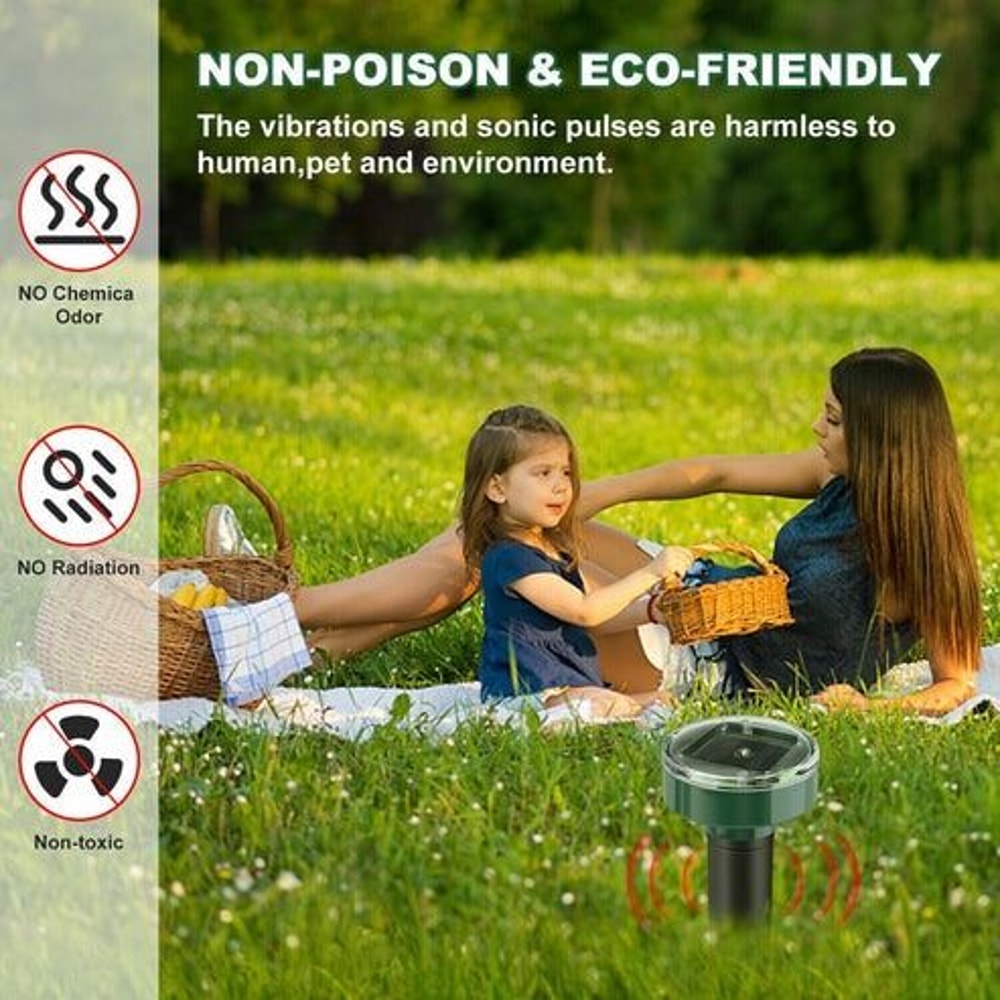 Solar Power Animal Repeller Ultrasonic Mole Pest Mice Rodent Outdoor LED SolarPowered Safe For Chil