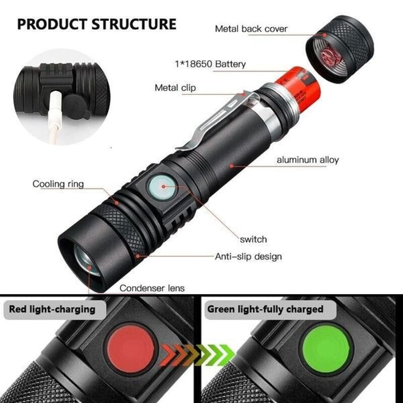 Super Bright LED Tactical Flashlight Zoomable Beam Control Rechargeable Battery Camping Search Ligh 2