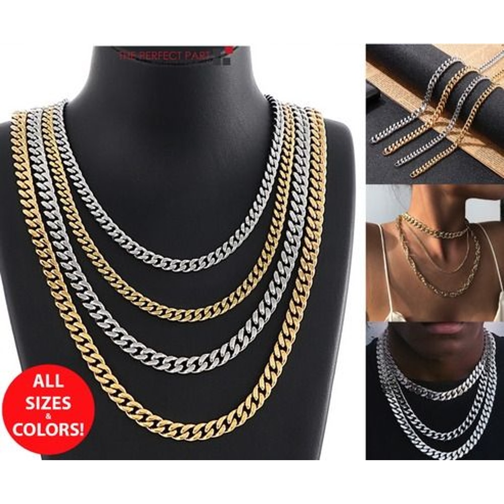 Womens Mens Necklace Stainless Steel Gold Silver Cuban Curb Chain Strong Link 10