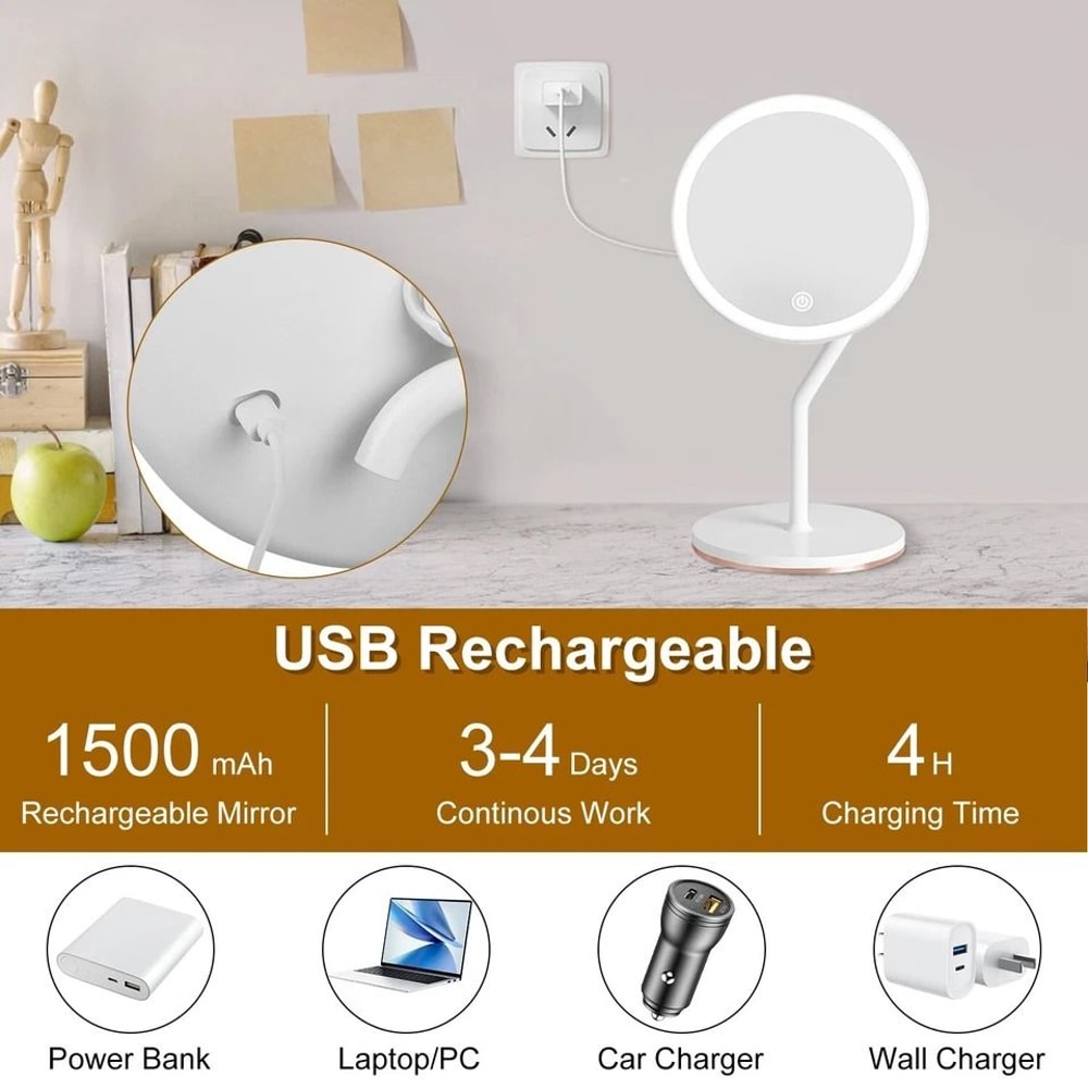 LED Lighted Makeup Mirror With Magnification Stepless Dimming USB Rechargeable Light Colors Smart T 9