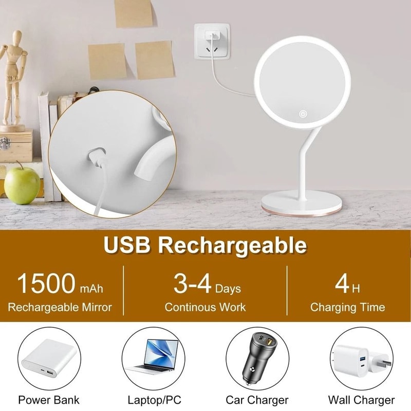 LED Lighted Makeup Mirror With Magnification Stepless Dimming USB Rechargeable Light Colors Smart T 9