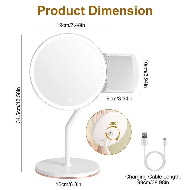 LED Lighted Makeup Mirror With Magnification Stepless Dimming USB Rechargeable Light Colors Smart T 11