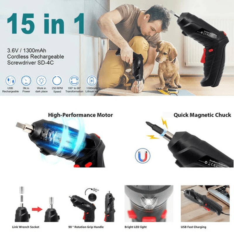 USB Charging Cordless Electric Screwdriver Set Screw Gun With LED Light Ideal For Home DIY Project 6