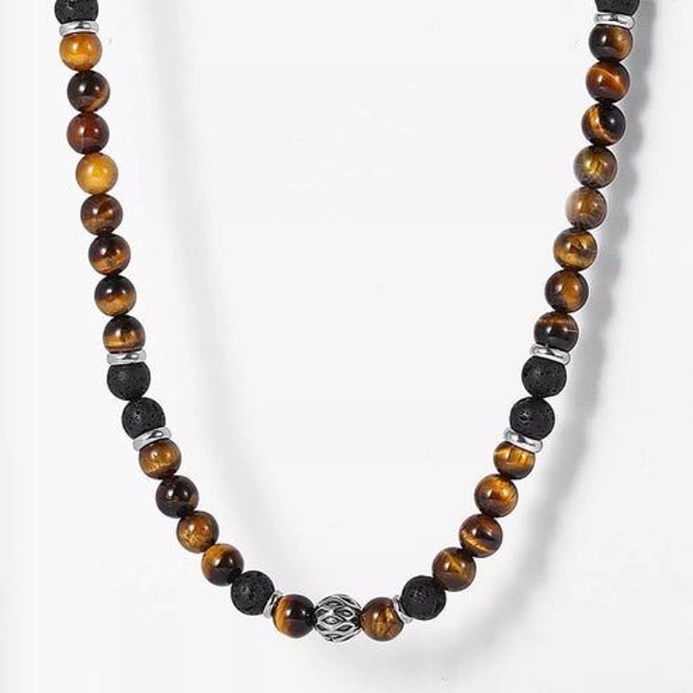 Natural Tiger Eye Lava Bead Necklace For Men Beads Stainless Steel Toggle Closure 3