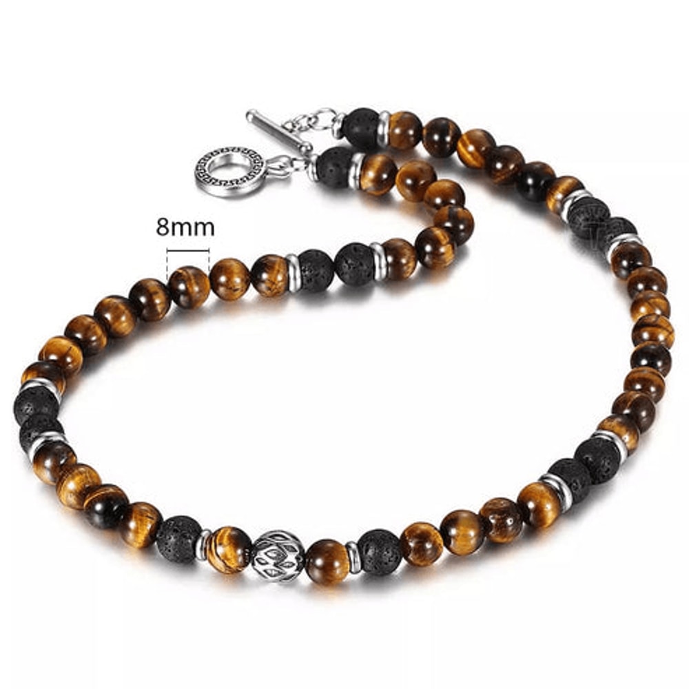 Natural Tiger Eye Lava Bead Necklace For Men Beads Stainless Steel Toggle Closure 5