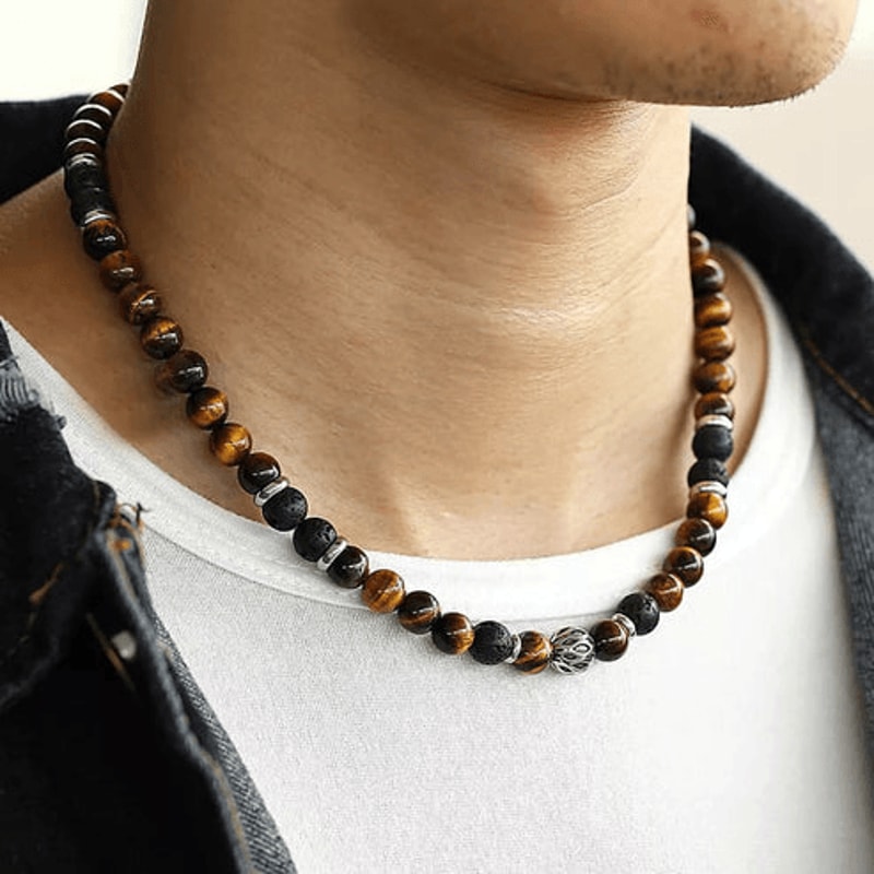 Natural Tiger Eye Lava Bead Necklace For Men Beads Stainless Steel Toggle Closure 1