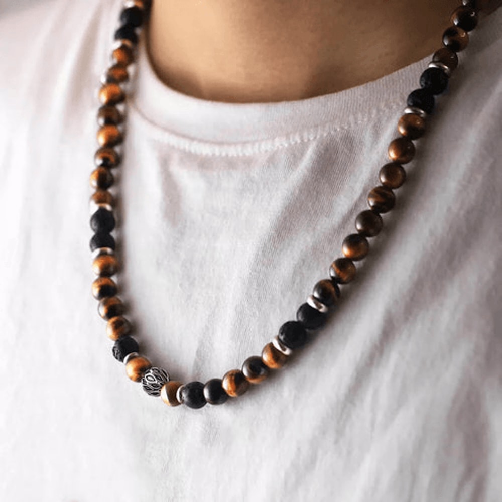 Natural Tiger Eye Lava Bead Necklace For Men Beads Stainless Steel Toggle Closure 4