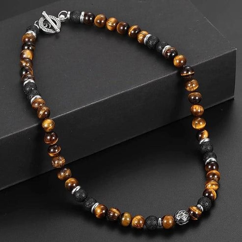 Natural Tiger Eye Lava Bead Necklace For Men Beads Stainless Steel Toggle Closure 0