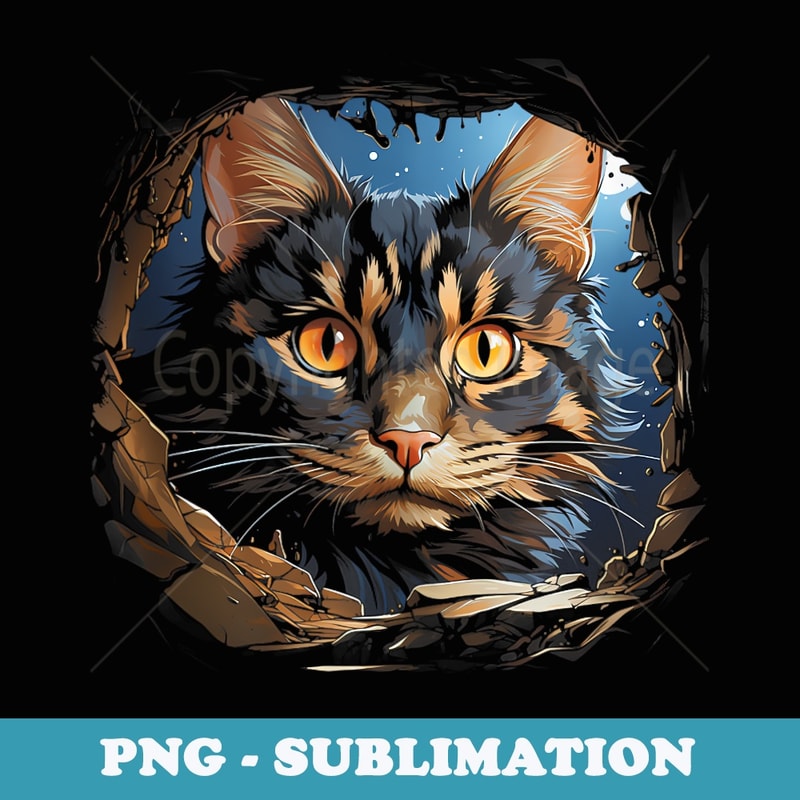 funny anime cat looking out of a hole in the way at night - Instant Sublimation Digital Download
