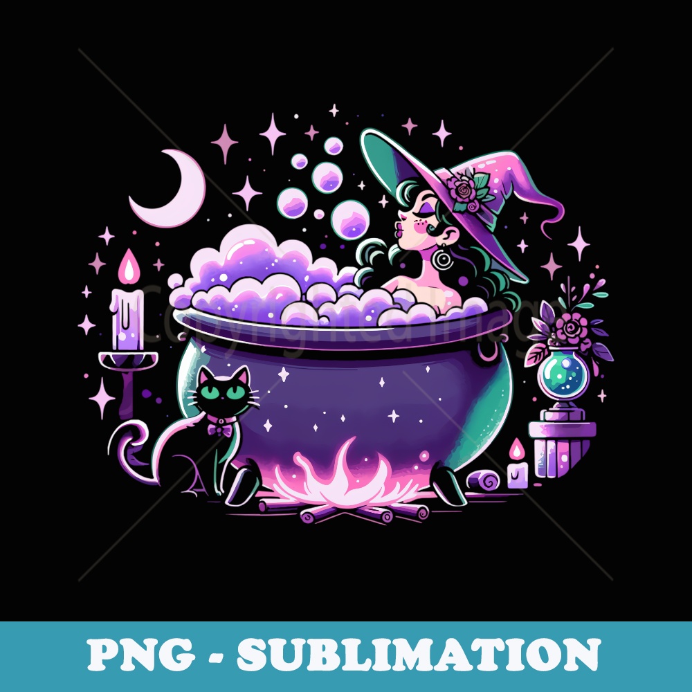 Witch Bubble Bath Cauldron Purple Pink Pastel Goth Cute Cat - Aesthetic Sublimation Digital File