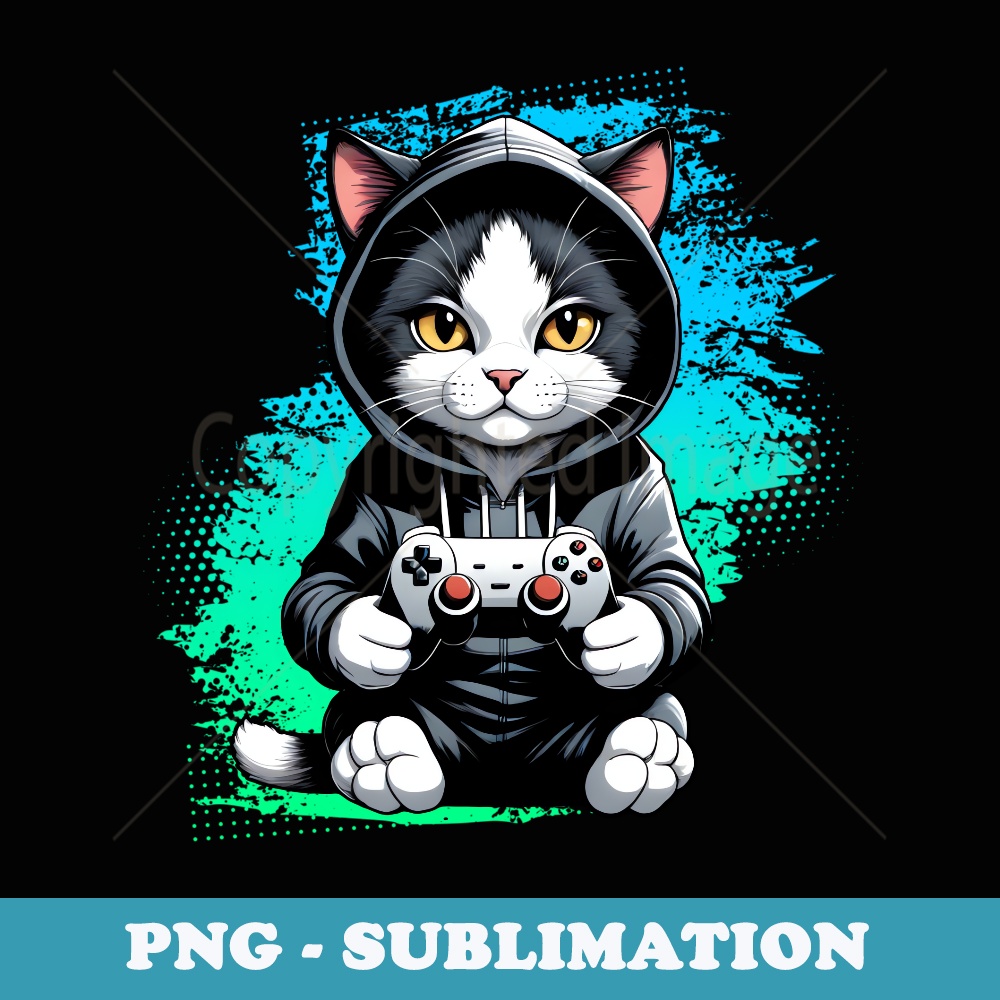 Cute Black and White Cat for Video Game Lovers & Gaming Fans - Exclusive PNG Sublimation Download