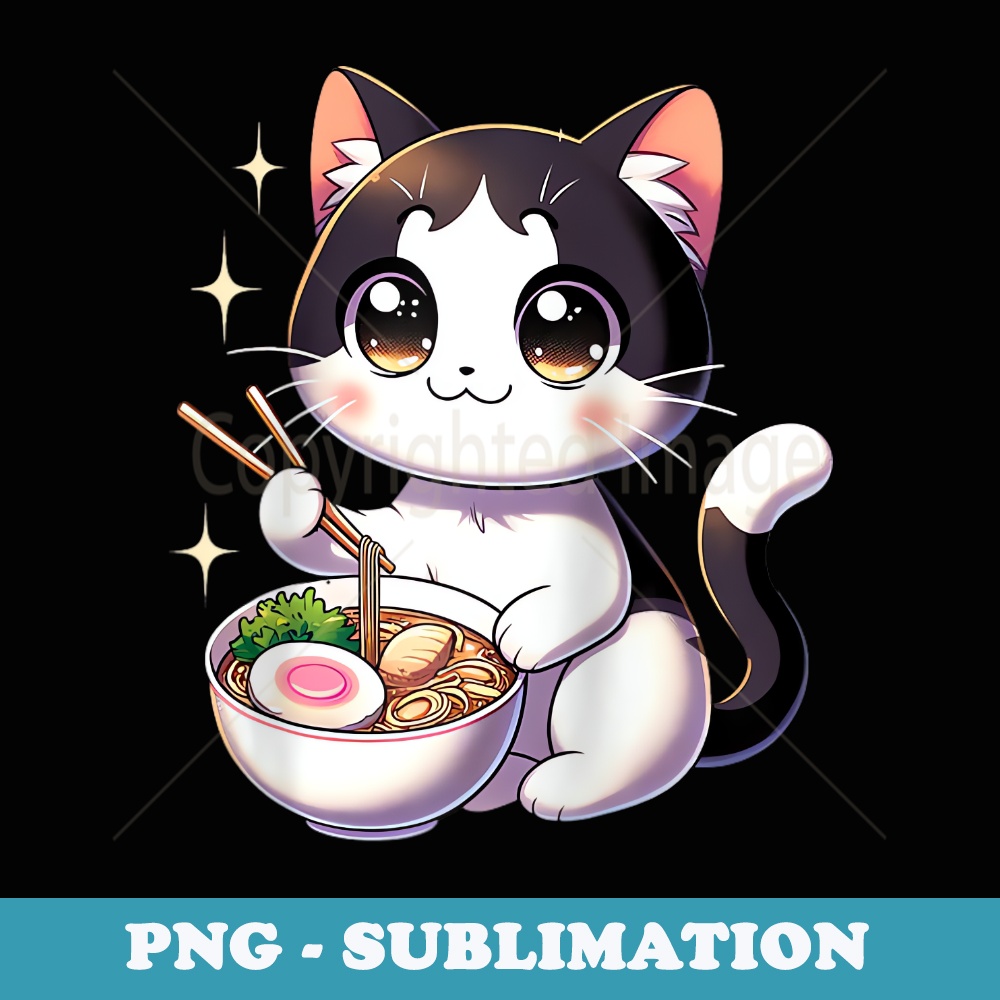 Black And White Kawaii Cat Eating Ramen Boys And Girls Raglan Baseball - Elegant Sublimation PNG Download
