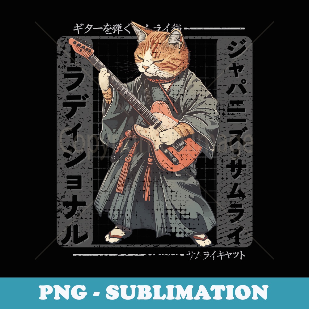 Japanese Samurai Cat Playing The Electric Guitar - Premium Sublimation Digital Download