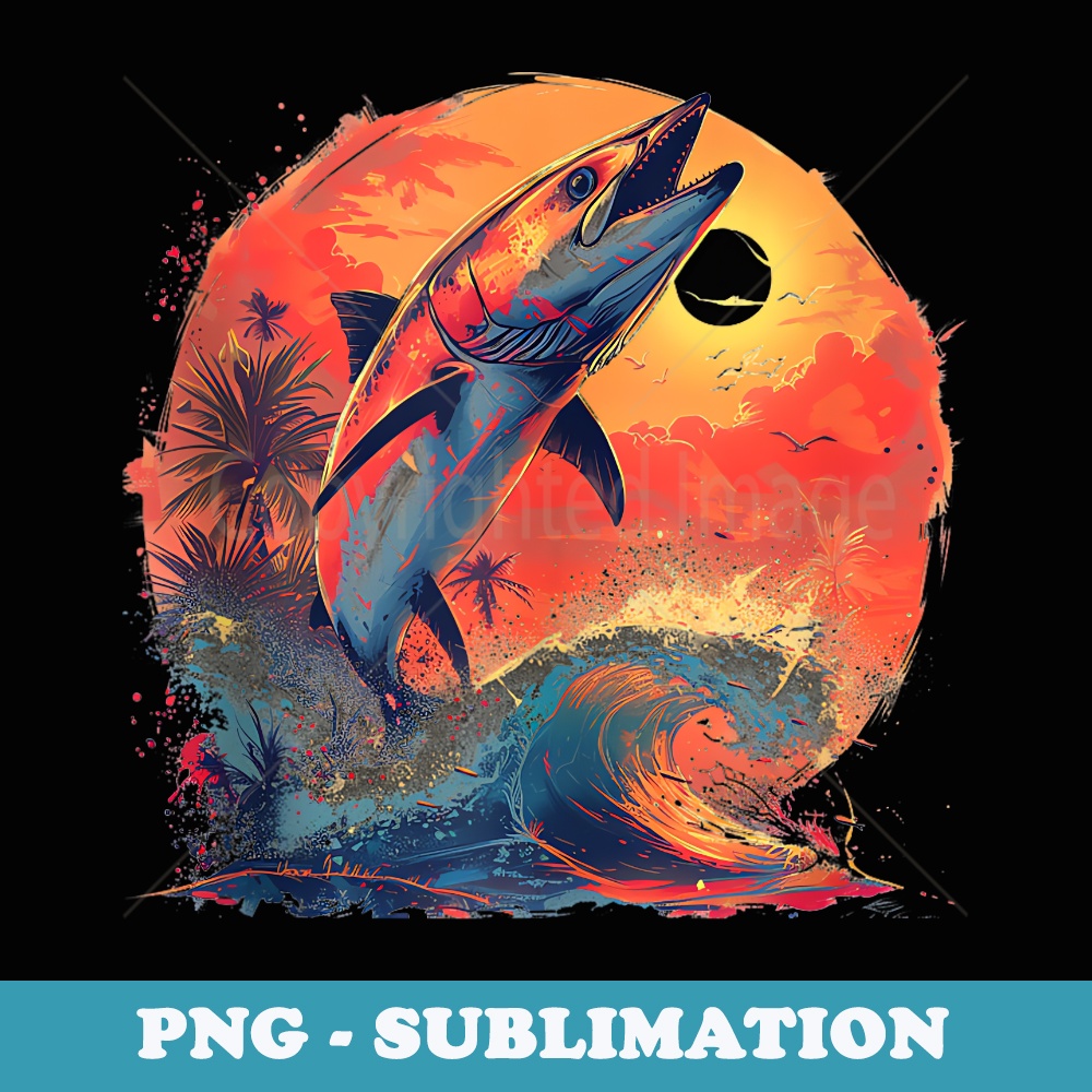 barracuda jumping ocean sunset deep sea fishing anime art - Premium Sublimation Digital Download