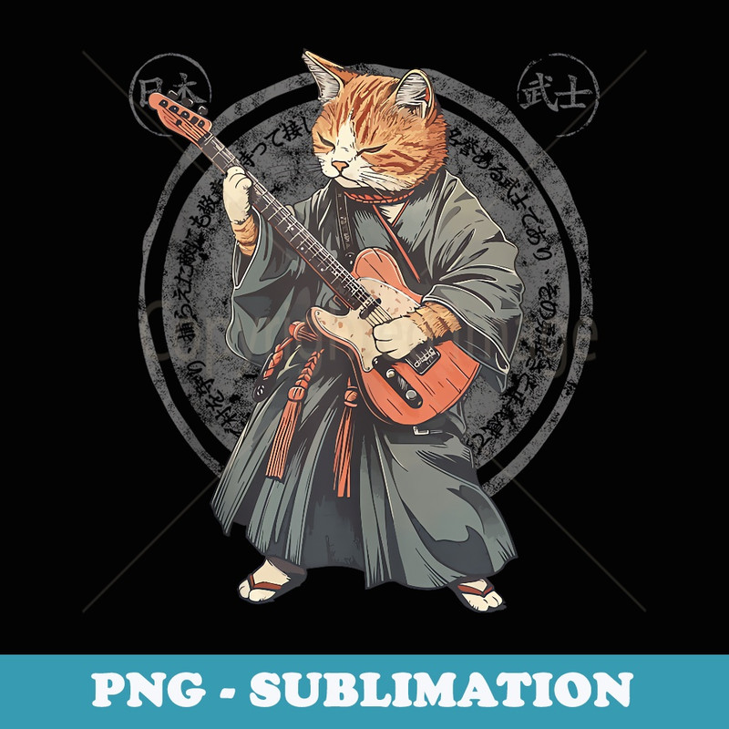 Japanese Samurai Cat Playing The Electric Guitar - Exclusive PNG Sublimation Download