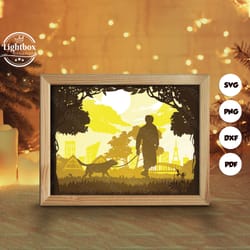walking with dog 1 paper cut light box template, shadow box, 3d papercut lightbox svg file diy, cutting cricut, svg temp