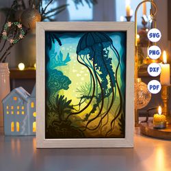jellyfish paper cut light box template, 3d shadow box svg files, shadow box paper cut, light box svg, 3d papercut light