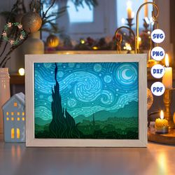 starry night paper cut light box template, 3d shadow box svg files, shadow box paper cut, light box svg, 3d papercut lig