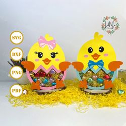pack 2 easter chick candy box template, 3d shadow box svg files, shadow box paper cut, light box svg, 3d papercut light
