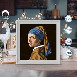 girl with a pearl earring shadow box svg, girl paper cut light box, shadow box template for cicut diy, 3d light box svg