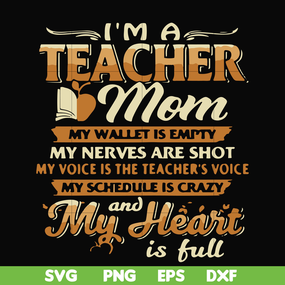 FN000164-I'm a teacher mom my wallet is empty my nerves are shot my voice is the teacher's voice my schedule is crazy and my heart is full svg, png, dxf, eps fi