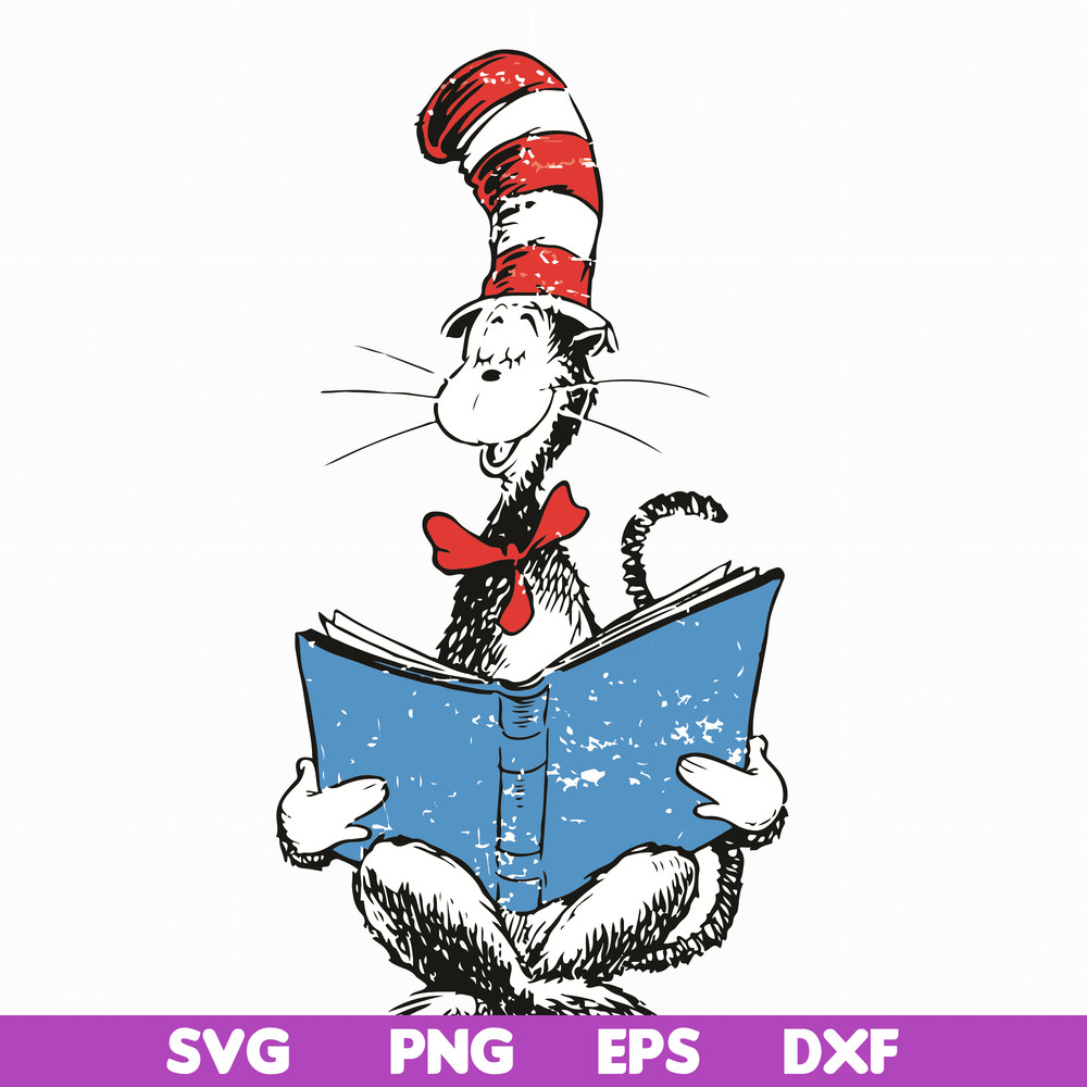 DR05012118-The cat reading book svg, The cat in the hat by dr seuss svg, dr svg, png, dxf, eps file DR05012118.jpg