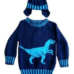 Knitting Pattern for Dinosaur Child's Sweater and Hat - Velociraptor 4-13 years, pdf digital download