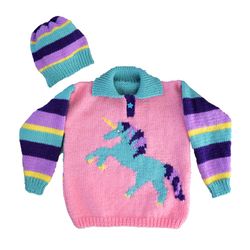 Aran Knitting pattern for girls 2-12 yrs, Unicorn Sweater and Hat, Unicorn Jumper, Fairy tale sweater, Kids knitwear