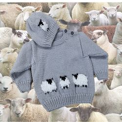 Knitting Pattern for Sheep Baby Sweater and Hat, Aran Worsted Jumper ages up to 2 years, Baby Knitted Outfit