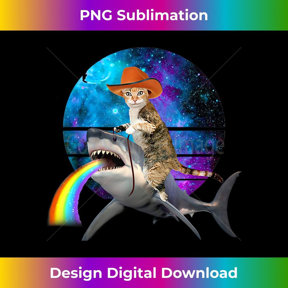 Funny Cat Riding Shark Puking Rainbow Galaxy Space Humor Pun - Sublimation-Ready PNG File