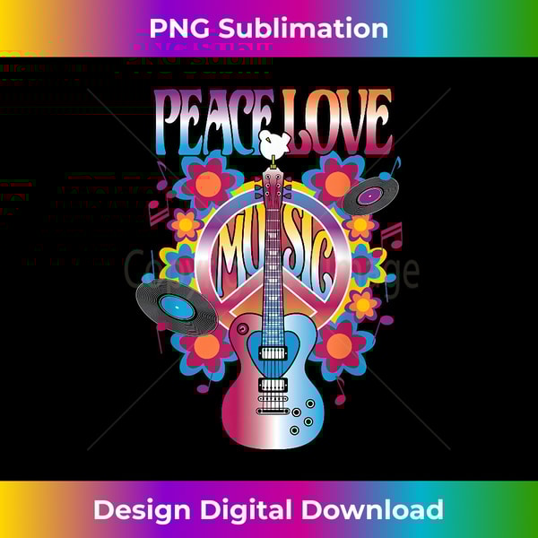 PEACE LOVE MUSIC Rock & Roll Guitar Dove Retro Vinyl T 1 - Instant PNG Sublimation Download