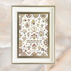 sampler quaker cross stitch pattern pdf, renia's sampler primitive wall decor, art diy x-stitch chart needlepoint embroi