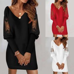 new v-neck long-sleeved printed lace patchwork dress