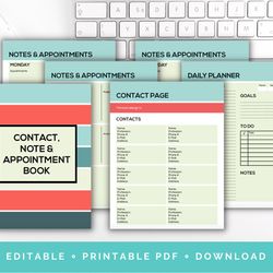 Digital Contact, Note and Appointment Book, Daily Planner, Contact Page, To Do Lists, Editable PDF, Printable PDF