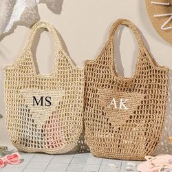 personalized beach tote bag,beach straw bag,bridal shower bag,bachelorette party gift bag,custom initials bag,raffia tri
