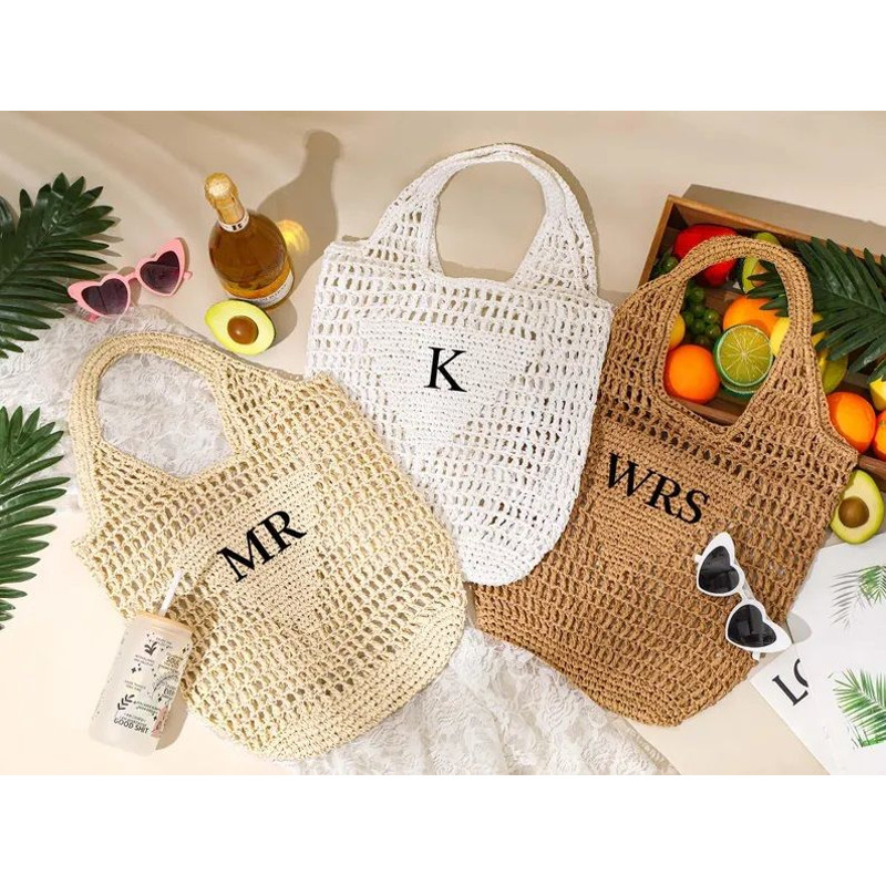 Personalized Beach Tote BagBeach Straw BagBridal Shower BagBachelorette Party Gift BagCustom Initia 1
