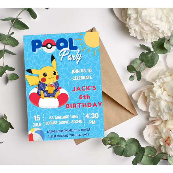 Pikachu Pool Hawaii Birthday Invitation | Tropical & Fun Pok | Inspire ...