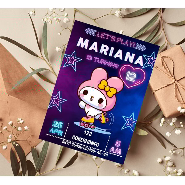 My Melody Kawaii Neon Roller Skating Birthday Invitation Fun Adorable Design 0