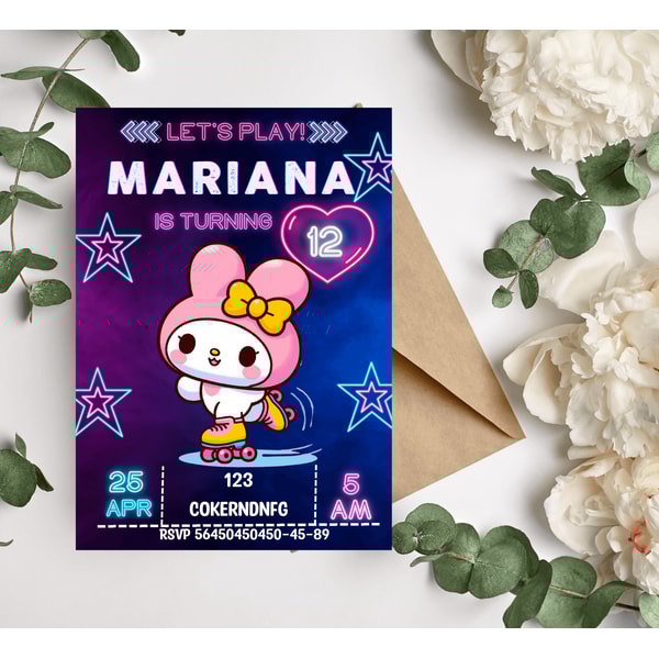 My Melody Kawaii Neon Roller Skating Birthday Invitation Fun Adorable Design 1