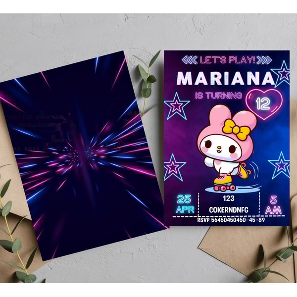 My Melody Kawaii Neon Roller Skating Birthday Invitation Fun Adorable Design 3