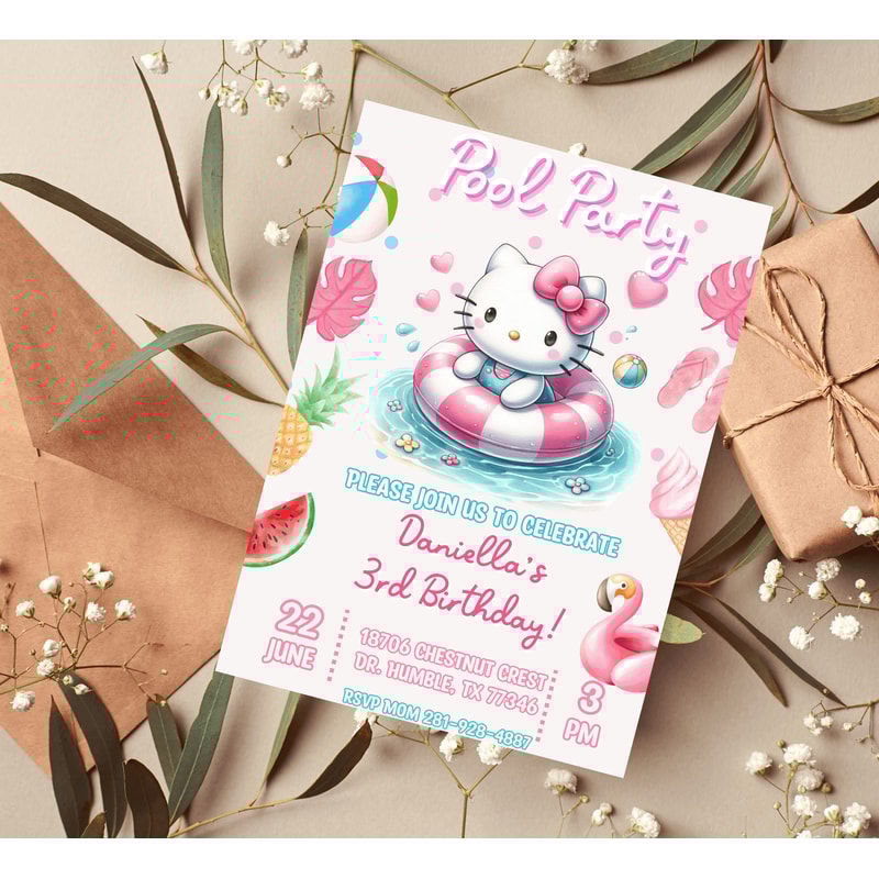 Hello Kitty Pink Watercolor Pool Birthday Invitation 0