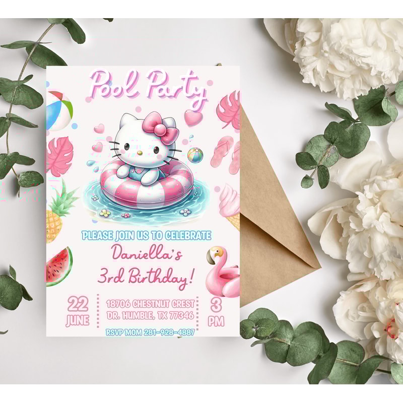 Hello Kitty Pink Watercolor Pool Birthday Invitation 1
