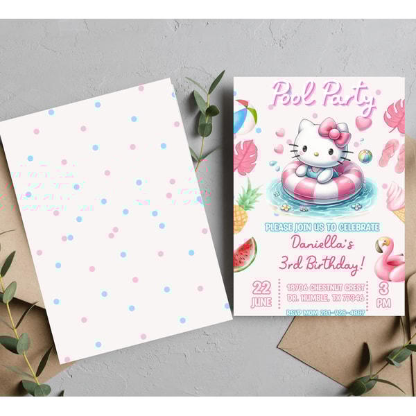 Hello Kitty Pink Watercolor Pool Birthday Invitation 3