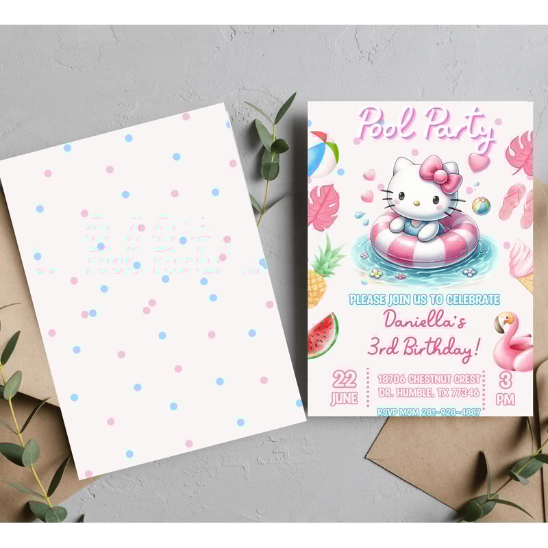 Hello Kitty Pink Watercolor Pool Birthday Invitation 3