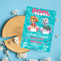 paw patrol skye & everest pool birthday invitation | fun & customizable party invite