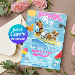 paw patrol rubble, marshall & chase pool birthday invitation | fun & adventure-filled party invite