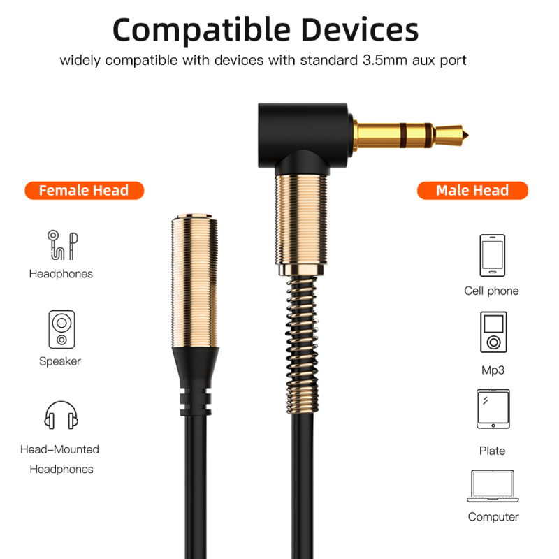 90 Degree Right Angle Audio 3.5mm Jack Aux Male to Female Elbow Extension Cable, Auxiliary Speaker Cable for PC
