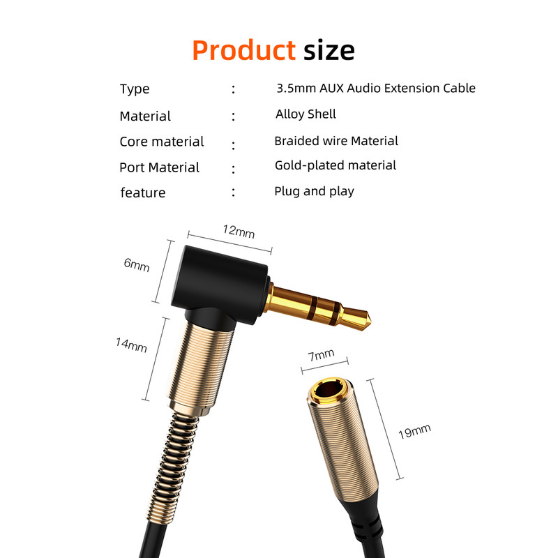 90 Degree Right Angle Audio 3.5mm Jack Aux Male to Female Elbow Extension Cable, Auxiliary Speaker Cable for PC